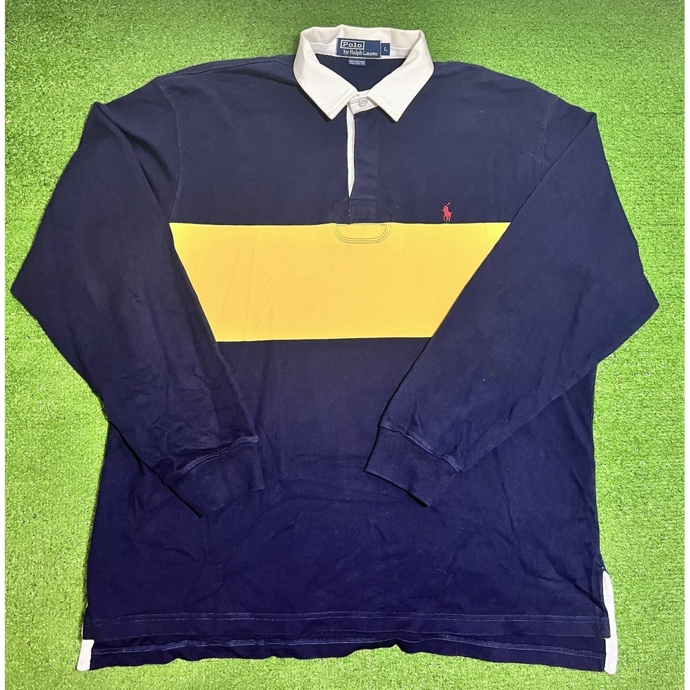 Vintage Polo by Ralph Lauren Navy & Yellow Long Sleeve Rugby Shirt  White Collar